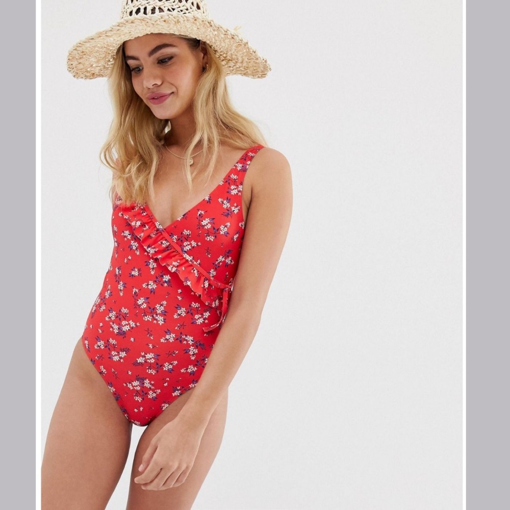 NWT New Look Floral Wrap One Piece Swimsuit - Red